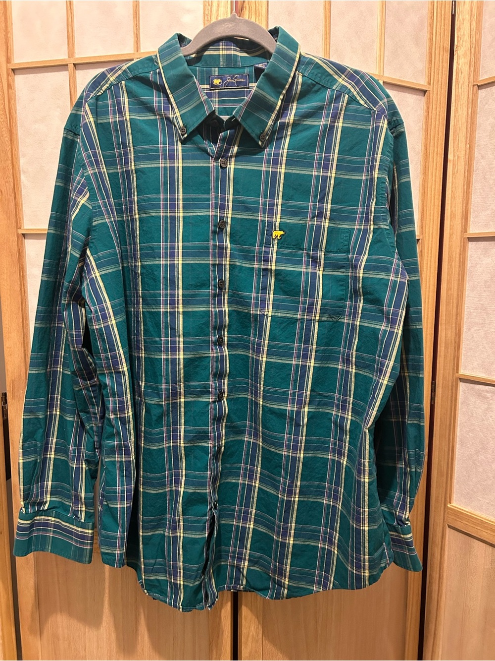 JACK NICKLAUS golden bear blue green plaid long sleeve button up, men’s XXL